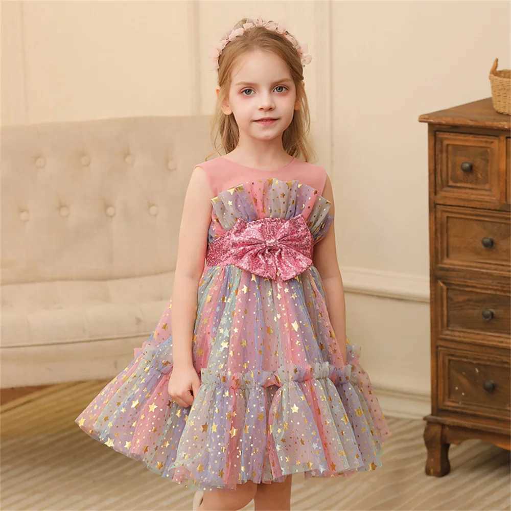 1-5 Years Toddler Kids Summer Princess Bow Dresses Sleeveless Lace Mesh Sequined Stars Colorful Tulle Dress Baby Girl Clothes Z250904