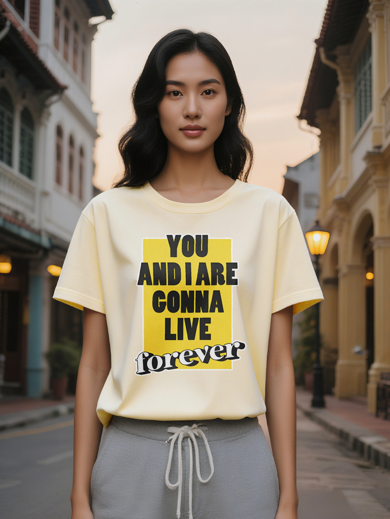 Large XL Lady Casual Crew Neck T-Shirt with You and I Are Gonna Live Forever Graphic Yellow Black Print Perfect for Summer Plus Size