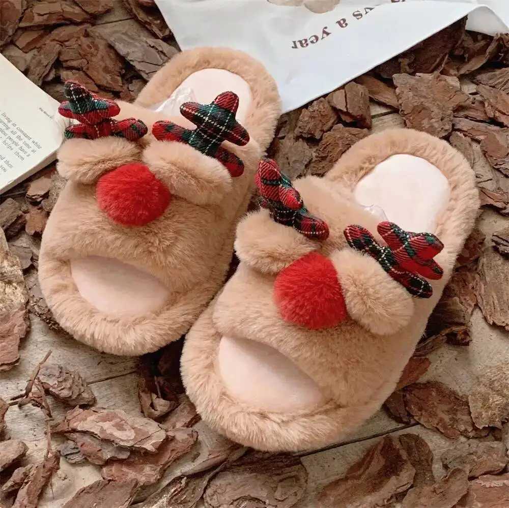 Christmas Reindeer Home Slippers For Men Women Winter Furry Warm Cozy Couple Indoor Household Cotton Slippers L250903BNC9