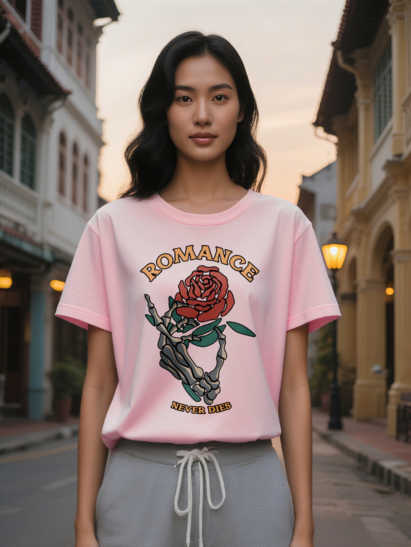 Large XL Lady Casual Graphic T-Shirt Black with Red Rose Skeleton Hands Romance Never Dies Print Round Neck Summer Tee Plus Size