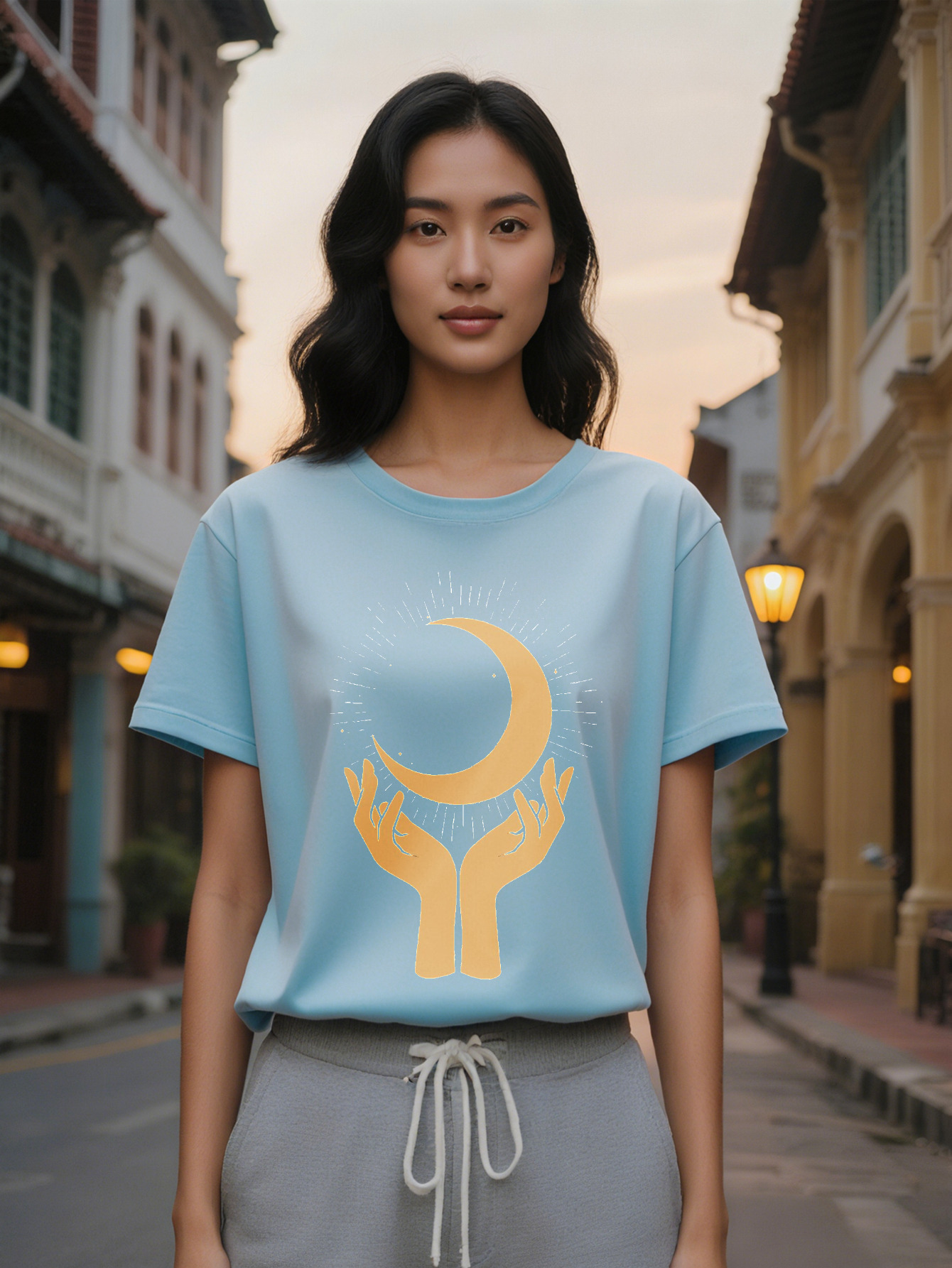 Large XL Women's Casual Crew Neck T-Shirt with Golden Moon and Hands Design Soft Fabric Summer Style Perfect Gift for Him Plus Size