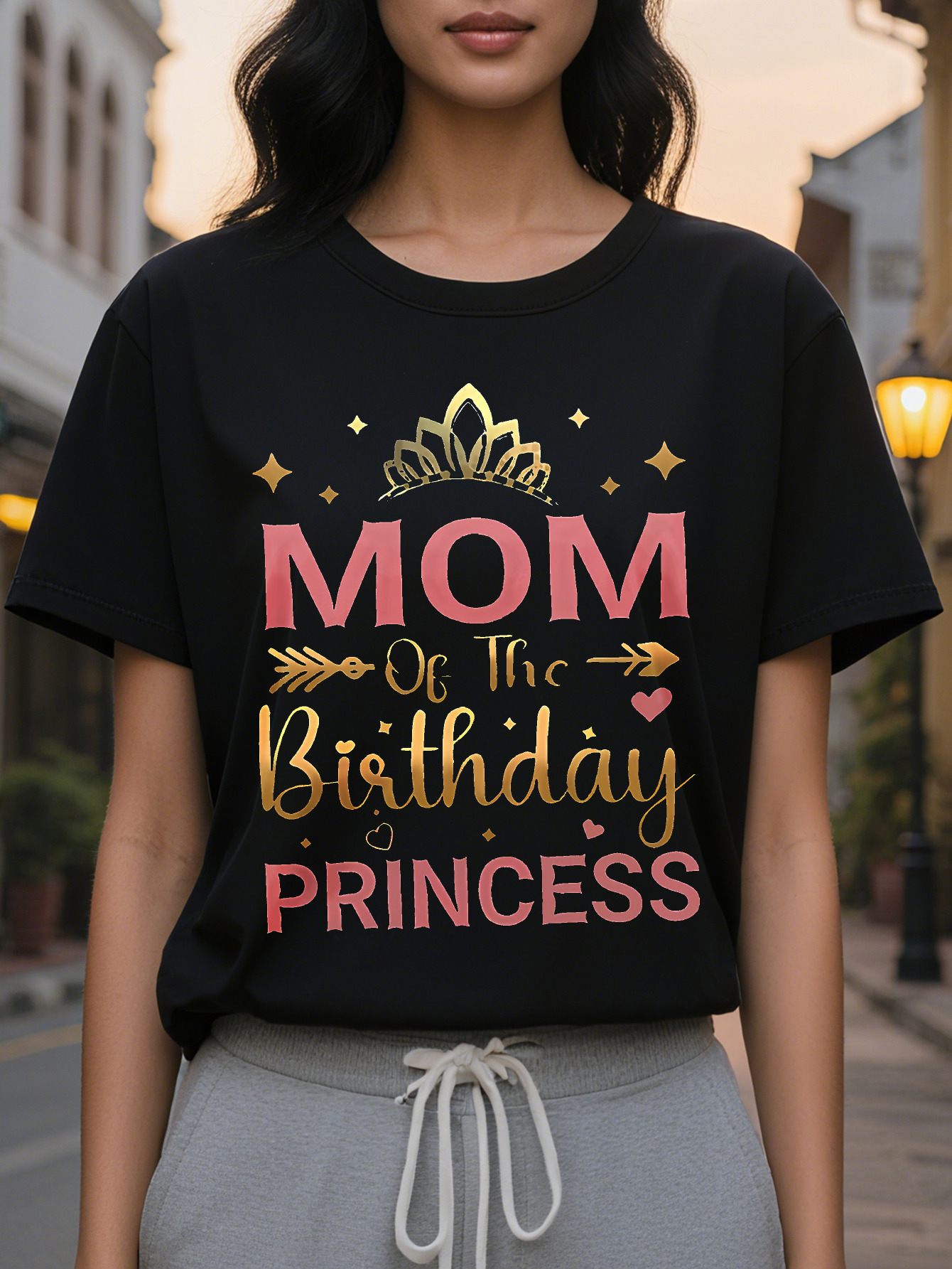 Large XL Women's Short Sleeve Crew Neck T-Shirt Mom Birthday Princess Crown Letter Print Black with Pink Golden Accents Plus Size