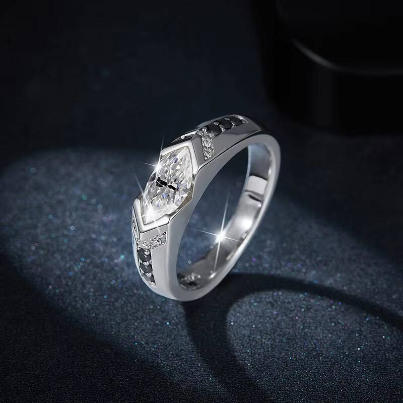 S925 Silver Marquise Rhombus Moissanite Ring HighEnd HipHop Style Neutral Temperament Black and White Contrast for Couples