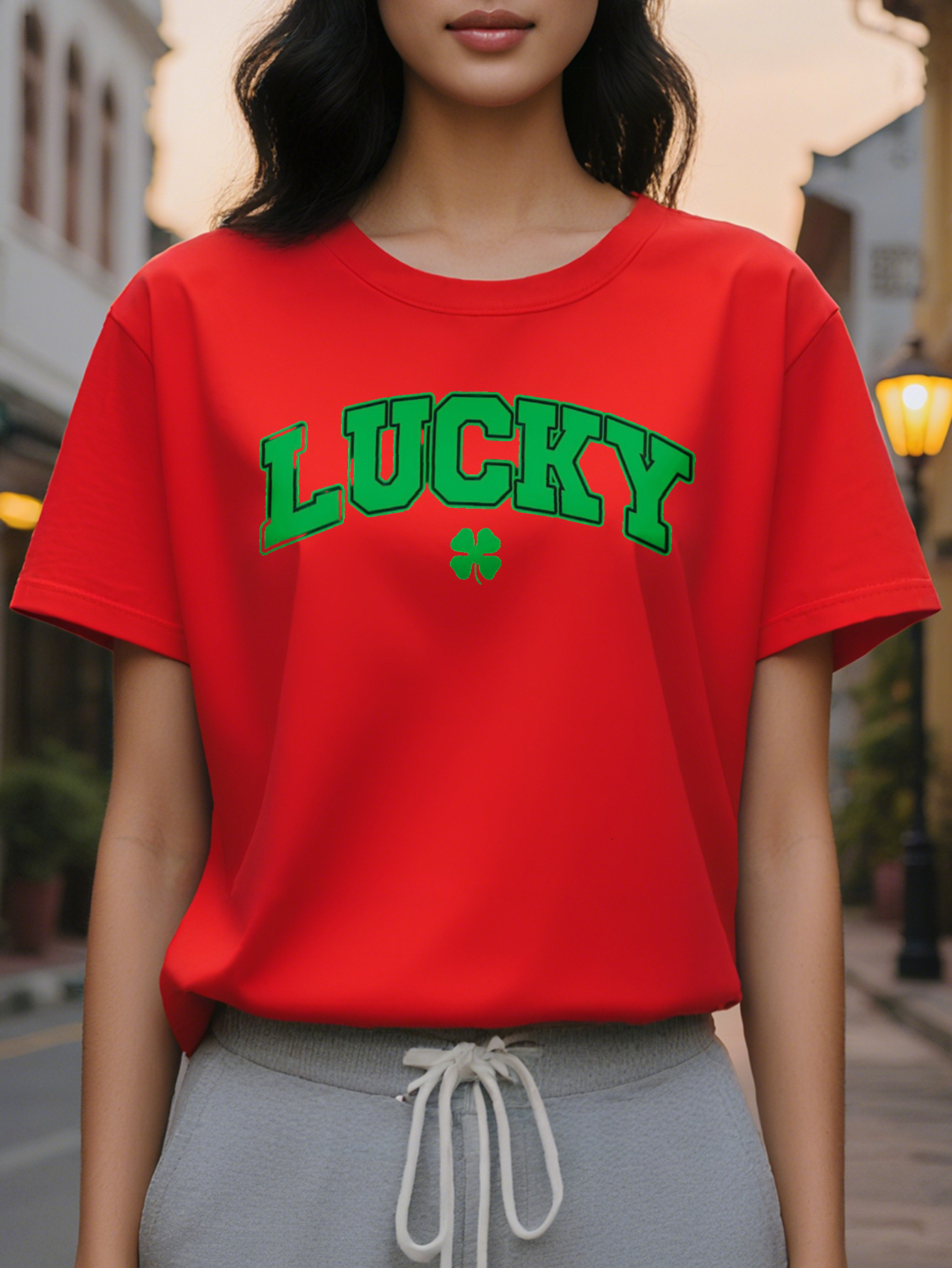 Women's Lucky Four Leaf Clover Print T-Shirt St. Patrick's Day Casual Crewneck Top Cotton Knitted Fabric