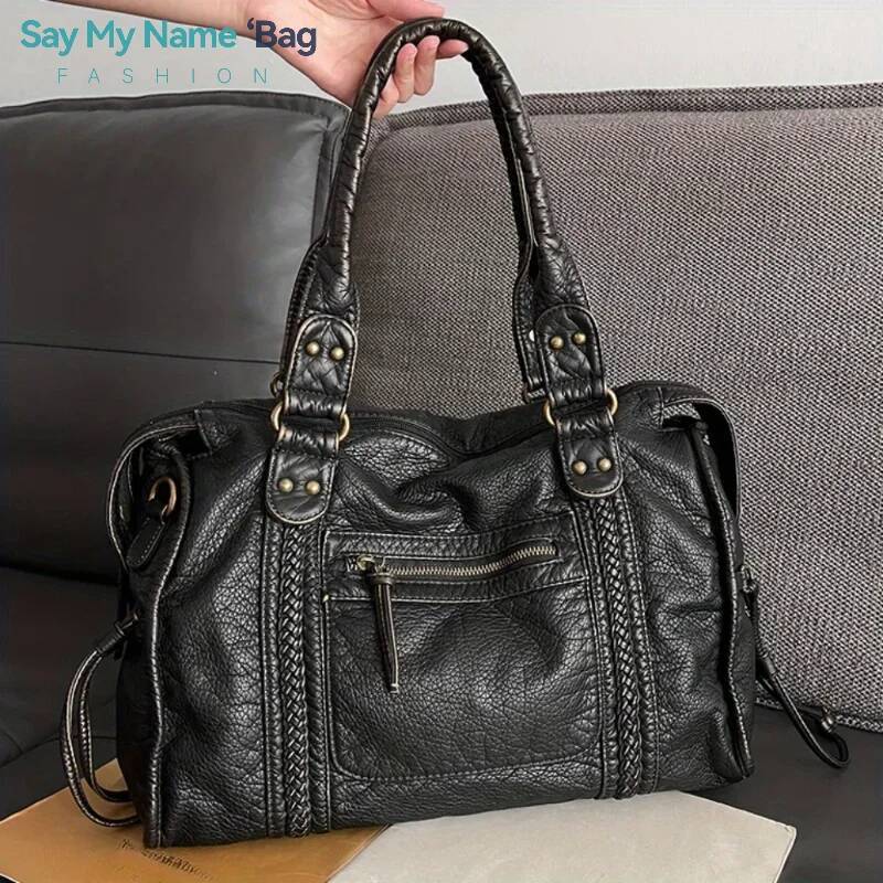 Vintage Washed PU Leather Large Capacity Tote Zip Pockets Braid Decor Shoulder Cross body Bag Women Daily Travel Handbag