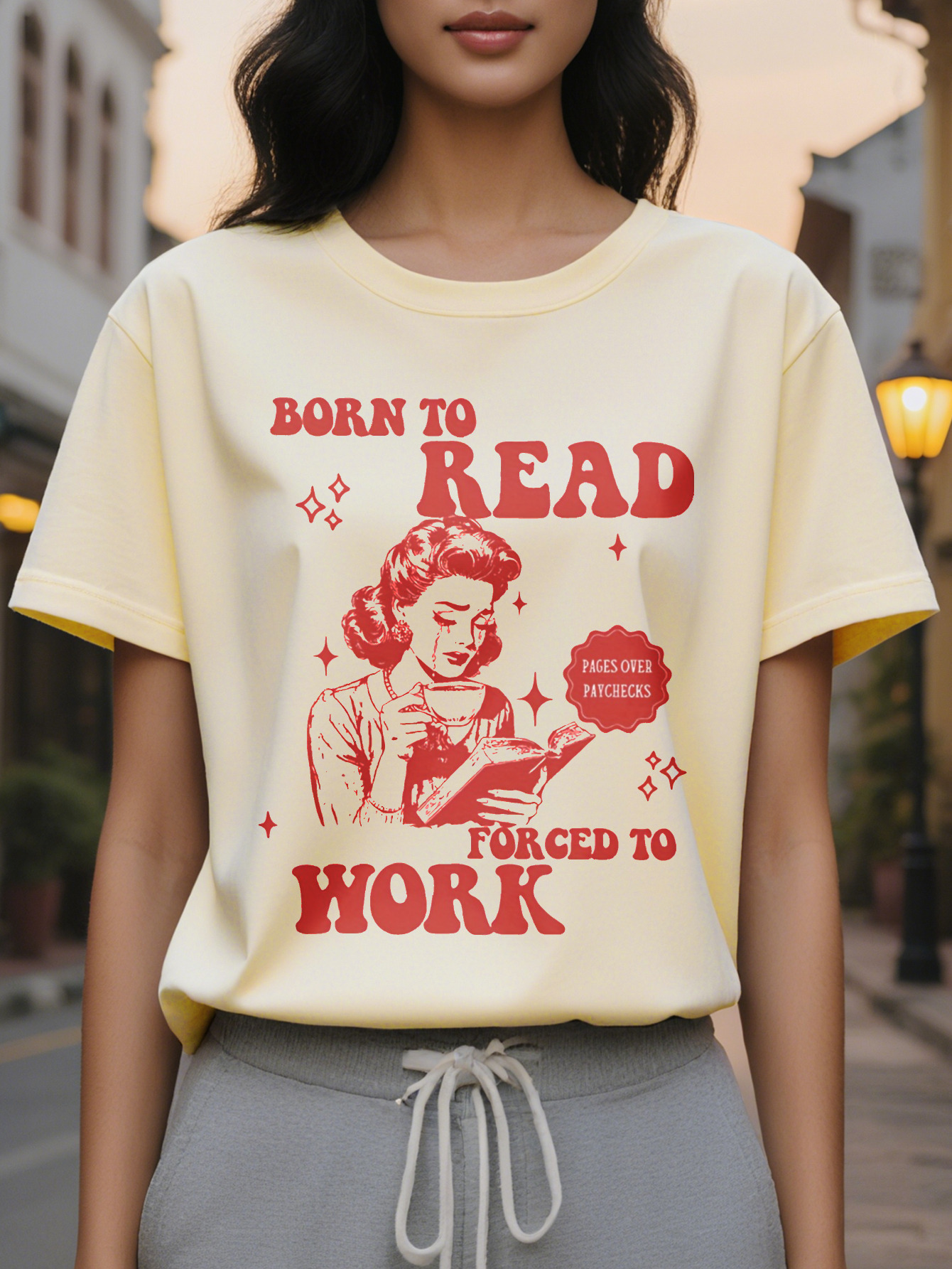 Women's Pattern T-Shirt Born Read Retro Design Forced to Work Humor White Casual Short Sleeve Round Neck Jacket