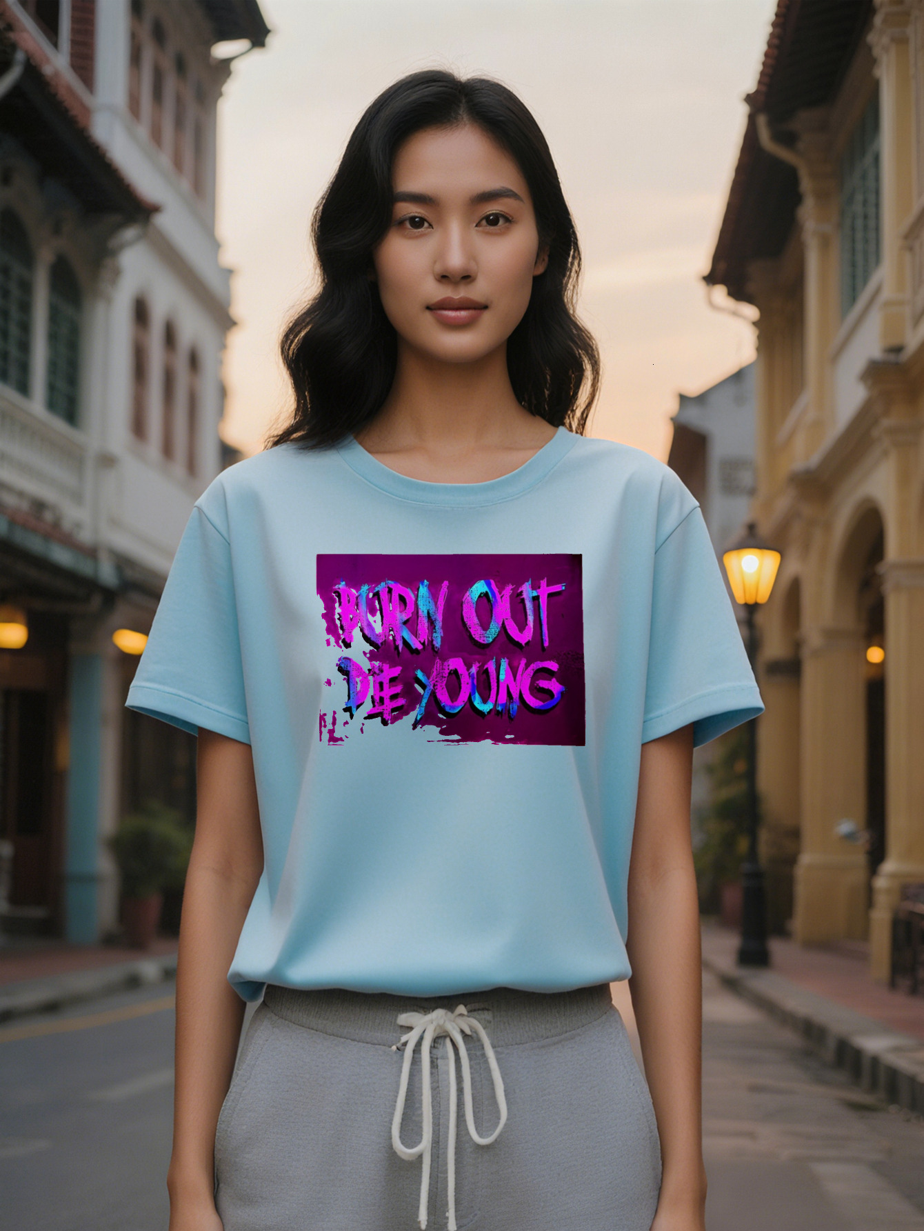 Lady Casual Crew Neck T-Shirt with Burn Out Die Young Graphic Black Lightweight and Breathable Perfect for Summer