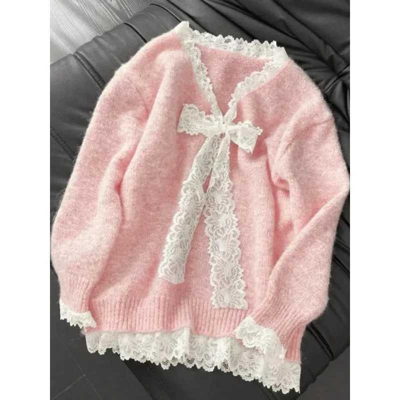 Y2K Korean Thin Bow Knitted Pullover Female Sweet Lace Japanese Loose Sweater Office Lady Autumn Winter Oversized Y2k Outfits M250904