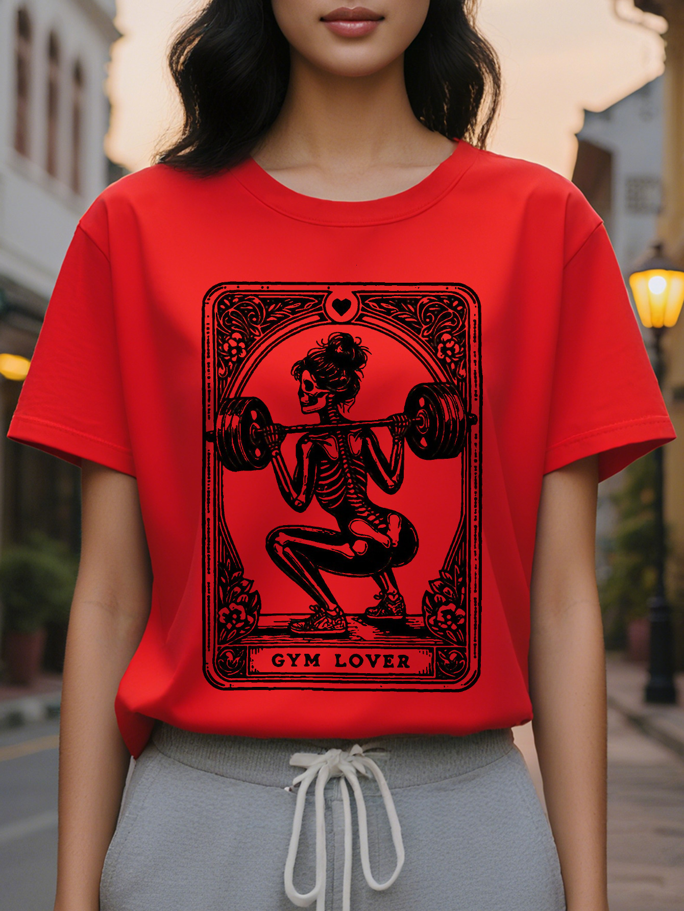 GYM LOVER ladies pattern T-shirt with skull weightlifting design in bright pink, casual loose fit suitable for gym daily wear