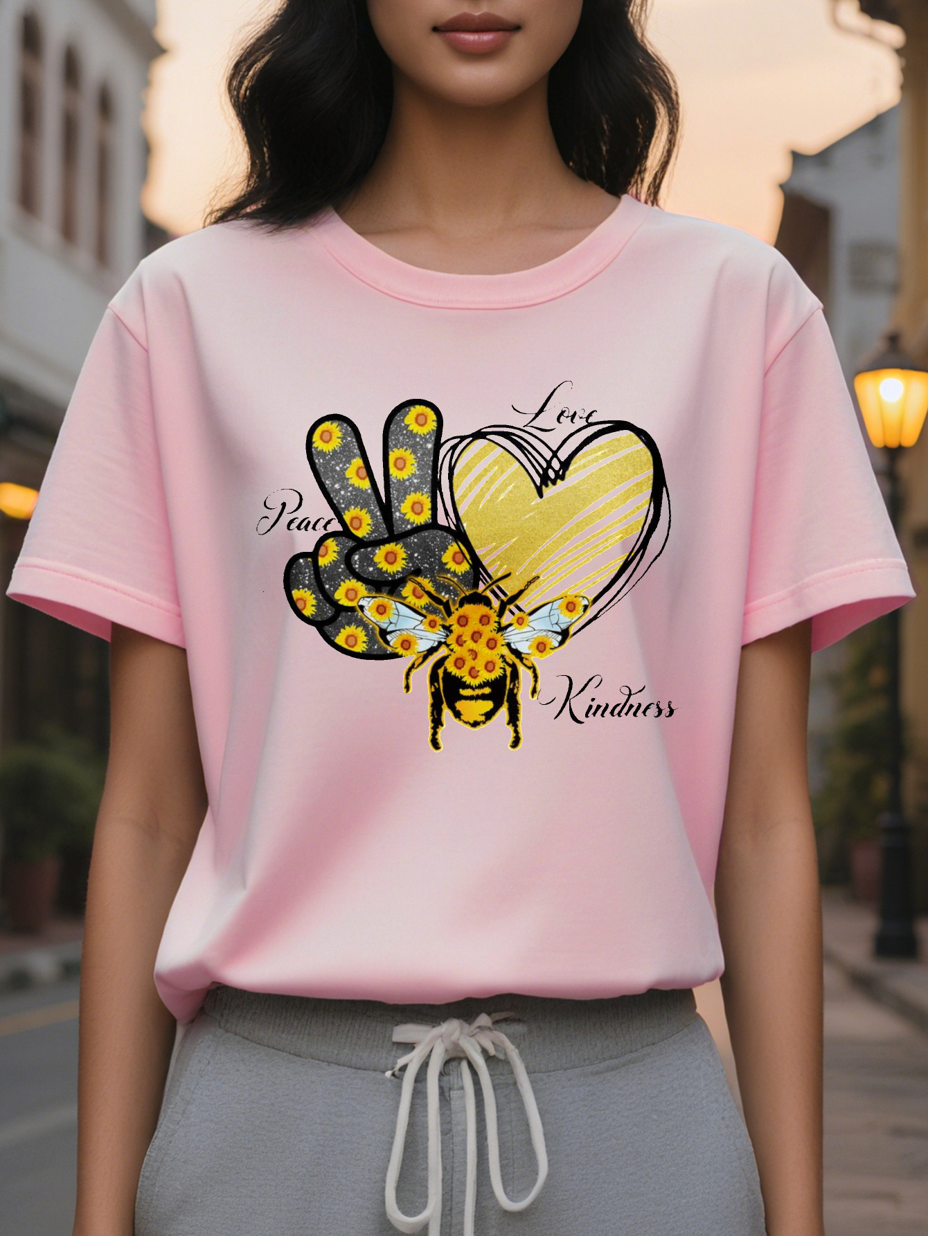 Women's T-shirt White Peace Heart Shaped Pattern Goodwill Text Printing Autumn Soft Daily Casual Jacket Washable