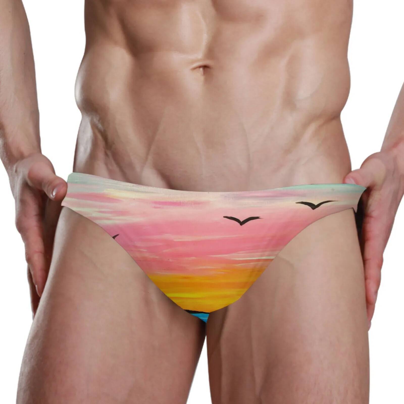 Men's Sunset Print Triangle Swimming Trunks With Push Pad European American Fashion Low Waist Sexy Bikini Summer Beach Surfing
