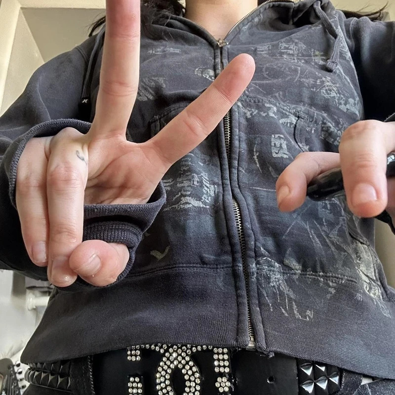 Cyber Grunge Emo 00s Zip Up Jacket Hoodies Vintage Graphic Print Sweatshirt Aesthetic Y2K Egirl Gothic Harajuku Cropped Coats 250904