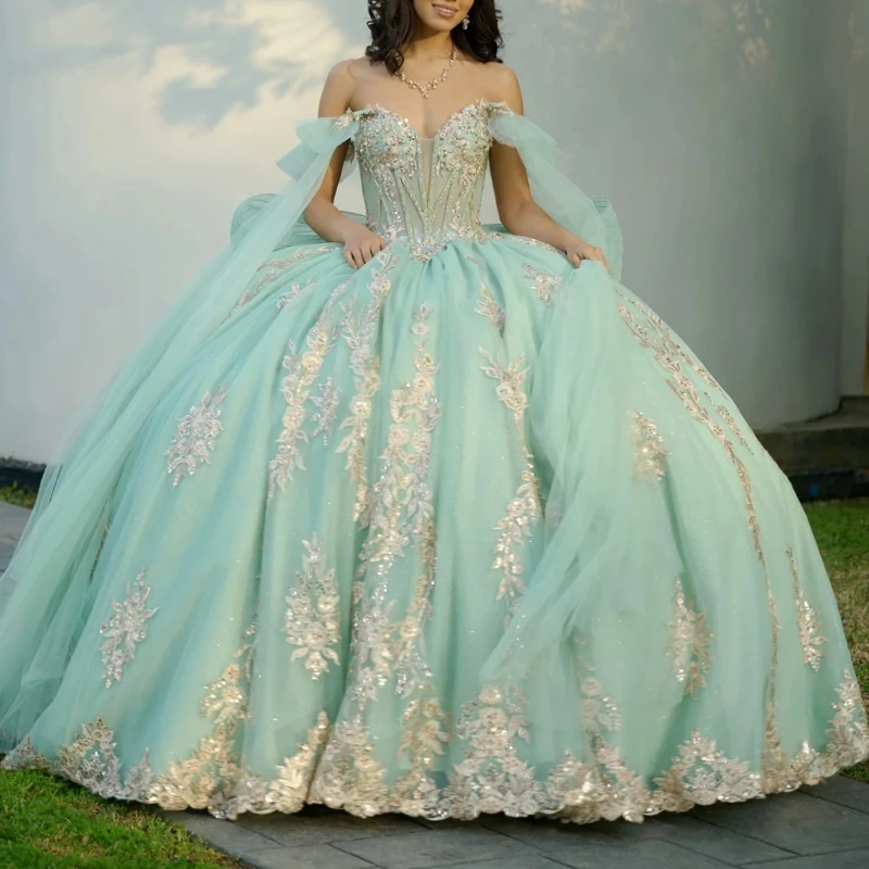 Mint Green Shiny Quinceanera Dresses Ball Gown Off The Shoulder Applique Lace Beading Crystal With Cape Tull Sweet 16 Dress Vestidos 15 Anos