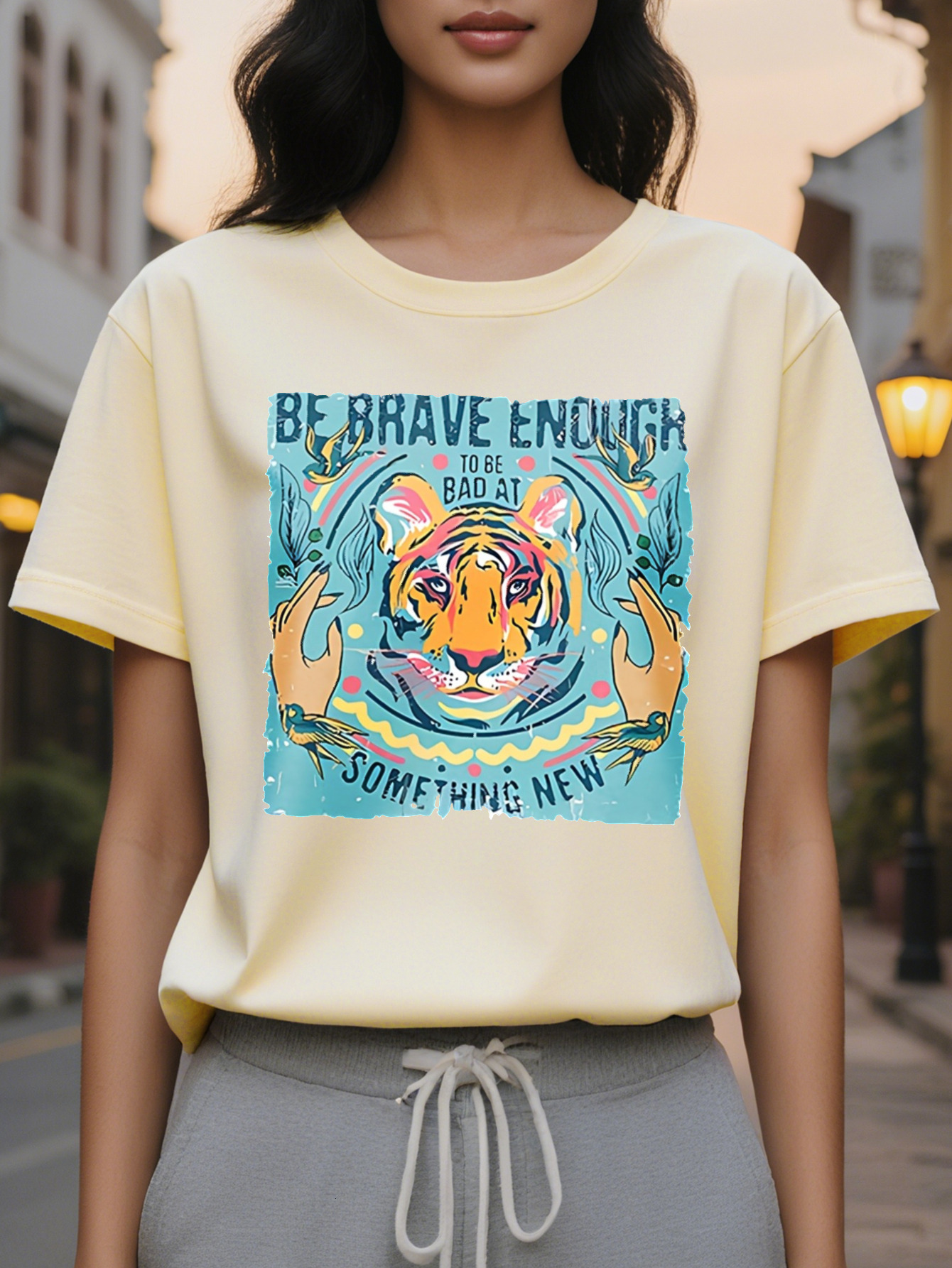 BE BRAVE ENOUGH American Printed Pattern Spring and Summer New Fashion Round Neck T-shirt Slim Fit Slimming Women's