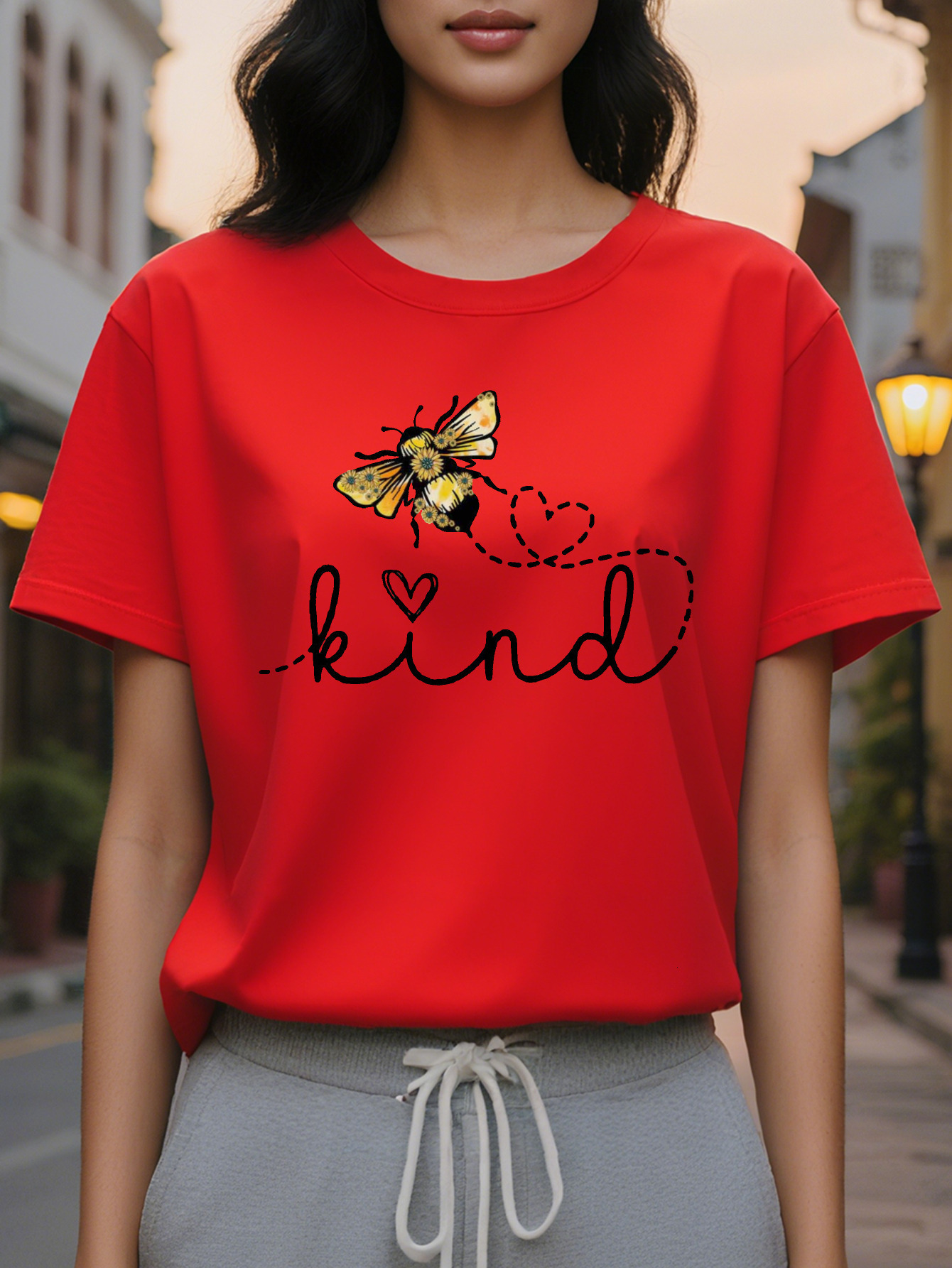 White Be Kind T-shirt Elegant Casual Daily Round Neck Shirt in Bee Pattern Style Positive Energy Women's