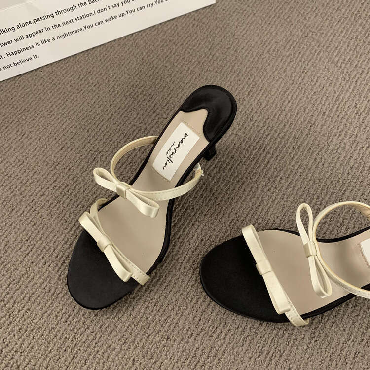 French Fairy Style Designer Shoe Bowknot Black High Heels Women's Stiletto Open Toe Strap Stunning Sandals