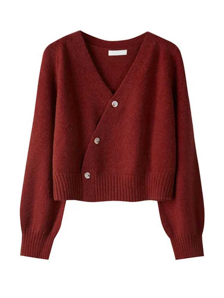 Korean version of womens autumn and winter knitted cardigan diagonal Vneck womens longsleeved singlebreasted sweater M250904