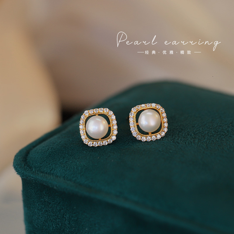 Tiqi Real Shot Geometric Square Designer Luxury Free Shipping Design Natural Freshwater Pearl French Retro Elegant Stud Earrings 925 Sterling Silver E