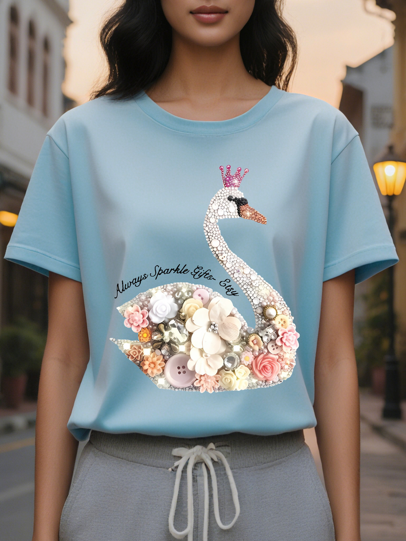Women S White T Shirt with Sparkling Swans Floral Print Short Sleeve Round Neck Casual Top Soft Cotton