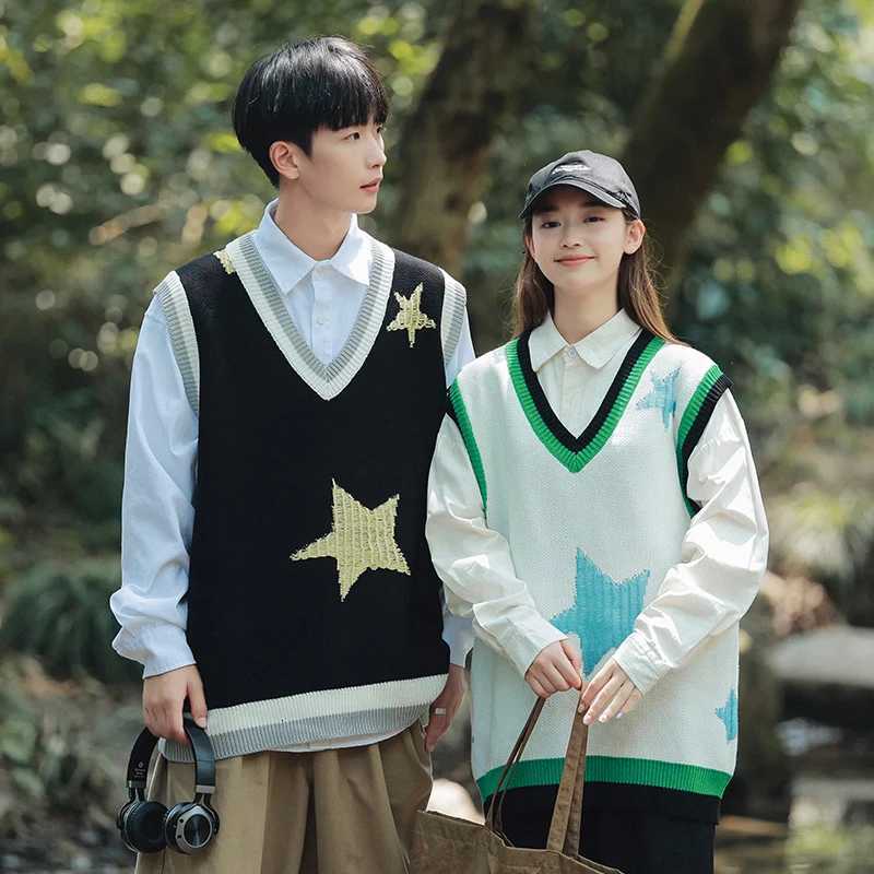 Korean Streetwear Mens Loose Sweater Vest Fashion Star Embroidery Autumn Winter Sweater Vest Men Sweater Vest for Daily WearXJ250904