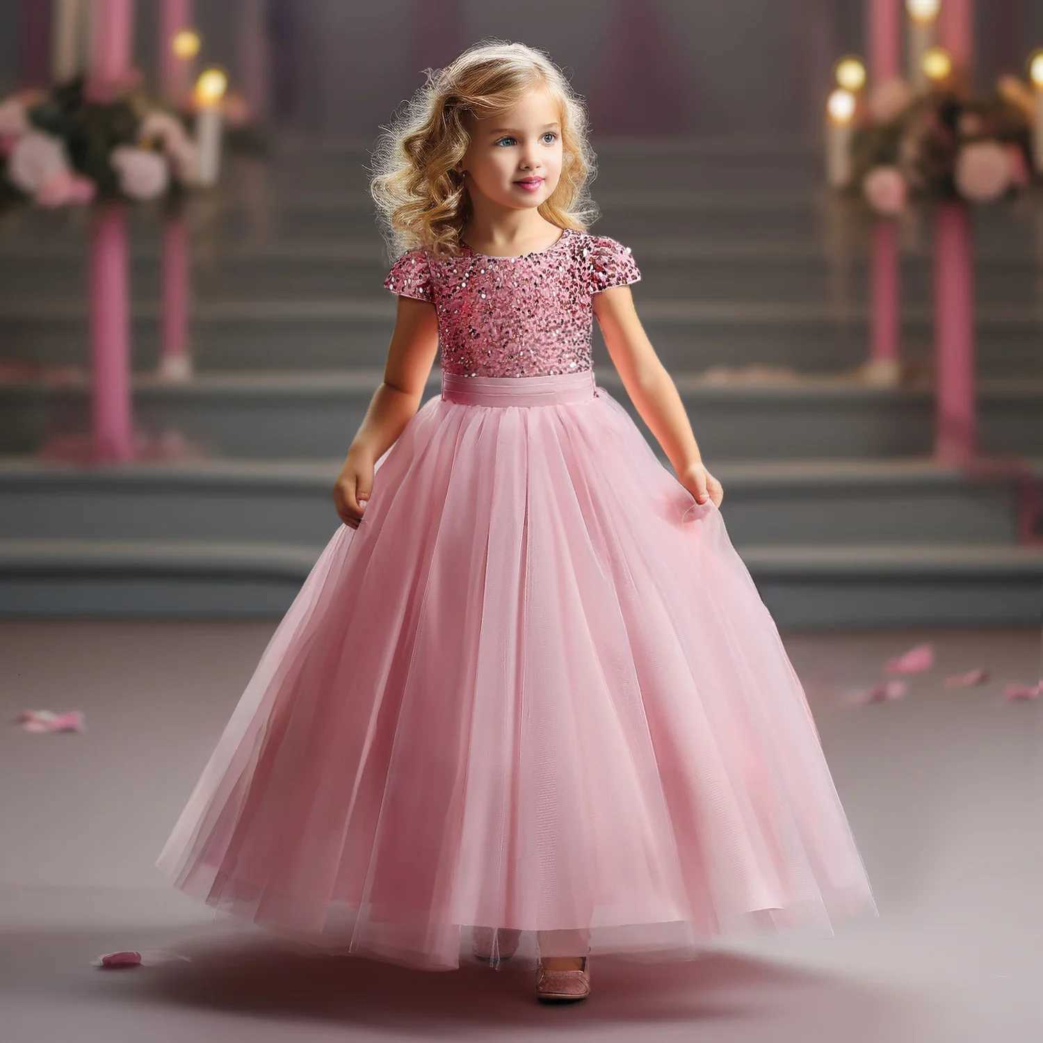 Girls Dresses Bridesmaid Wedding Sequin Long Princess Dresses Flower Elegant Girls Formal Evening Dress for Girls 5 10 14 Years Z250904