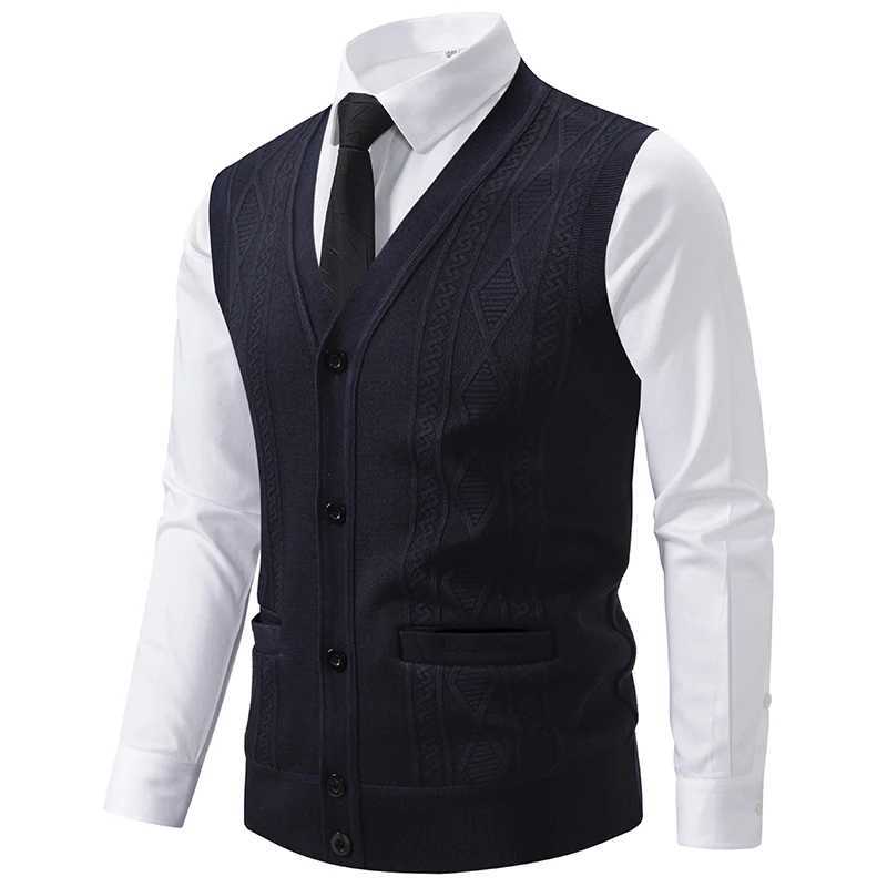 Autumn Winter Warm Slim Fit Knit Vests Men VNeck Solid Color Smart Casual Knitted Waistcoat Mens Geometric Sleeveless Knit VestXJ250904