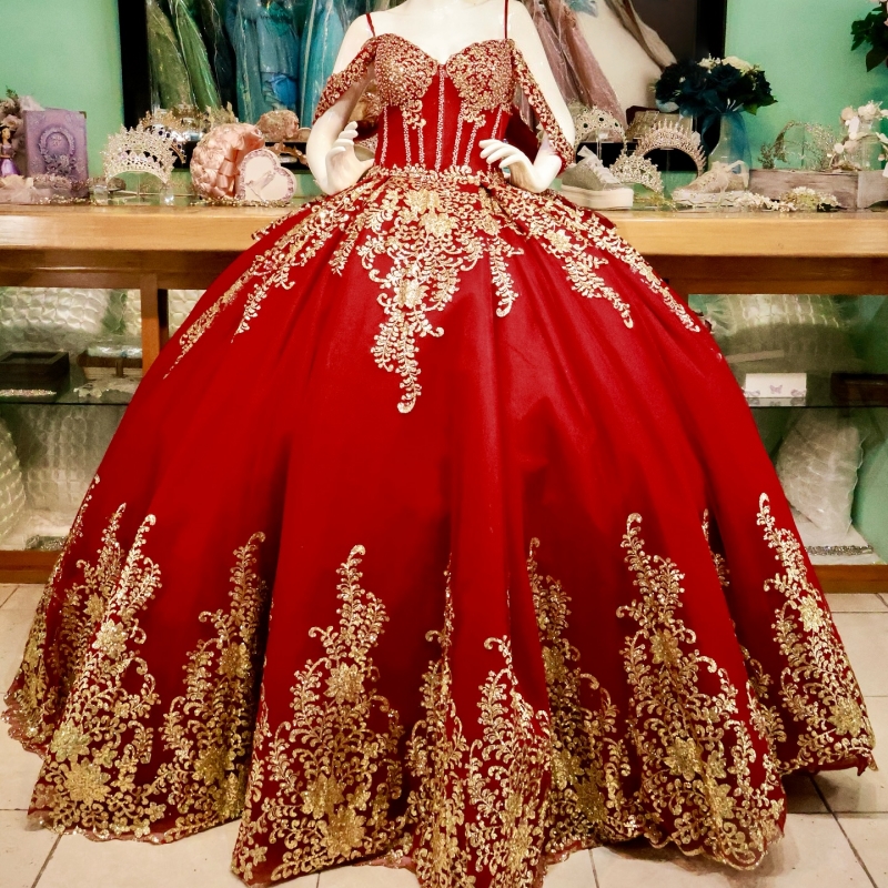 Red Princess Off the Shoulder Sweet 16 Dress Quinceanera Dresses Gold Applique Lace Beading Tull Party Birthday Vestidos 15 De Anos