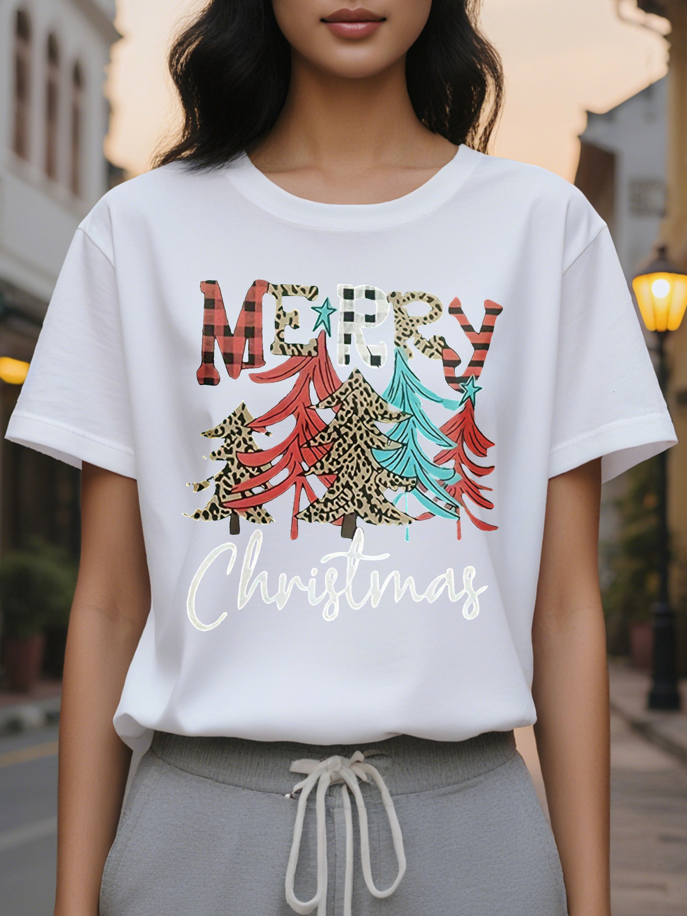 Christmas Tree Print Crew Neck T-shirt Casual Short Sleeve Top for Spring Summer Women's Clothing