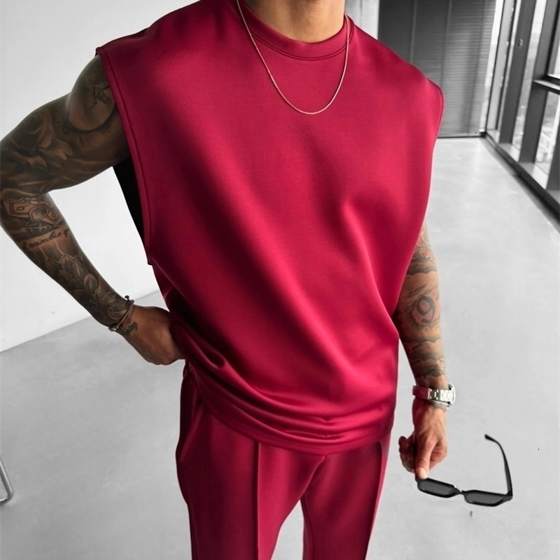 summer sleeveless sports suit 2025 mens casual solid color trousers mens clothing vest twopiece set 250903