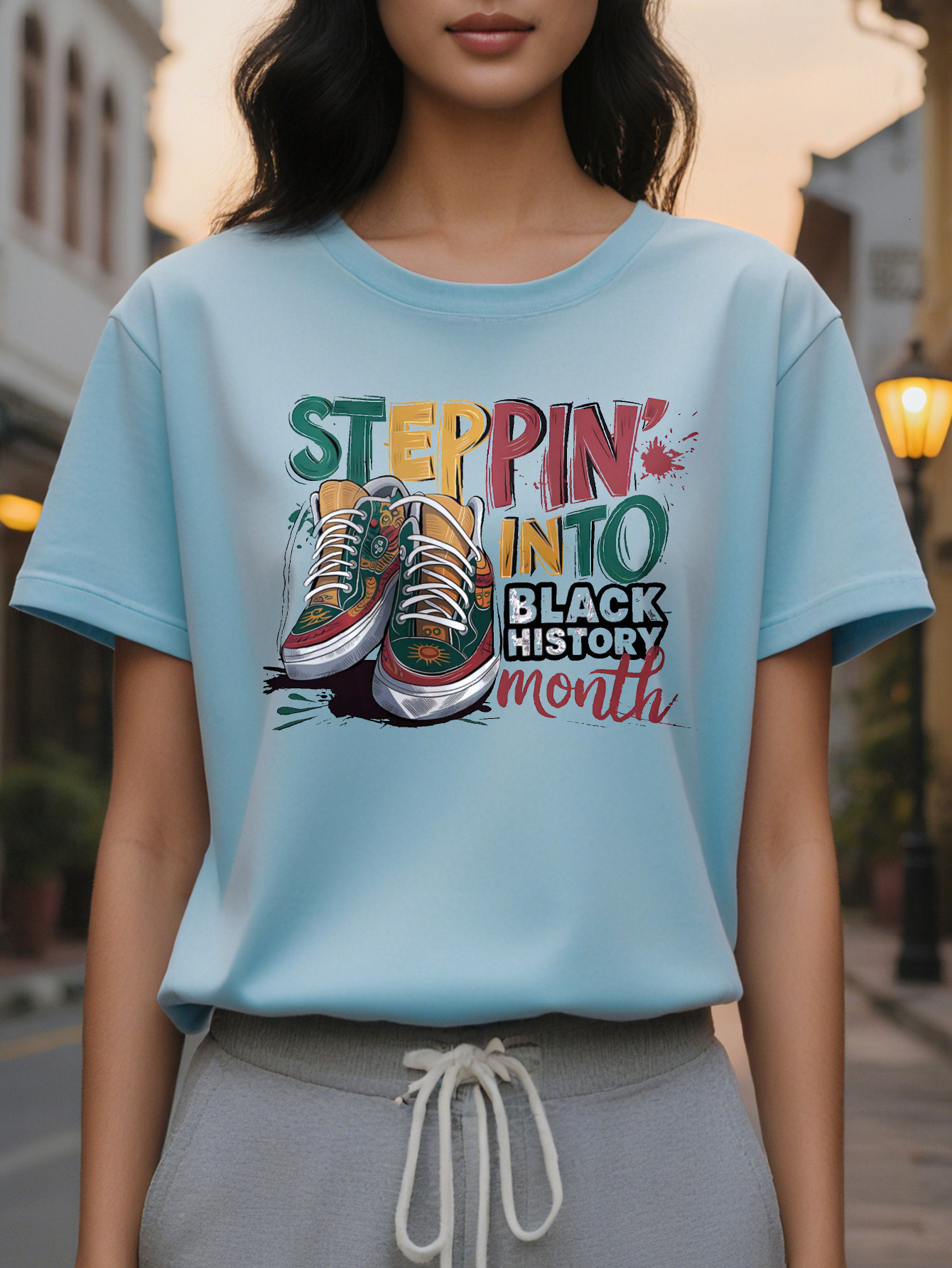 Ladies elegant round neck black history month pattern T-shirt, knitted fabric, short sleeve, casual top suitable for