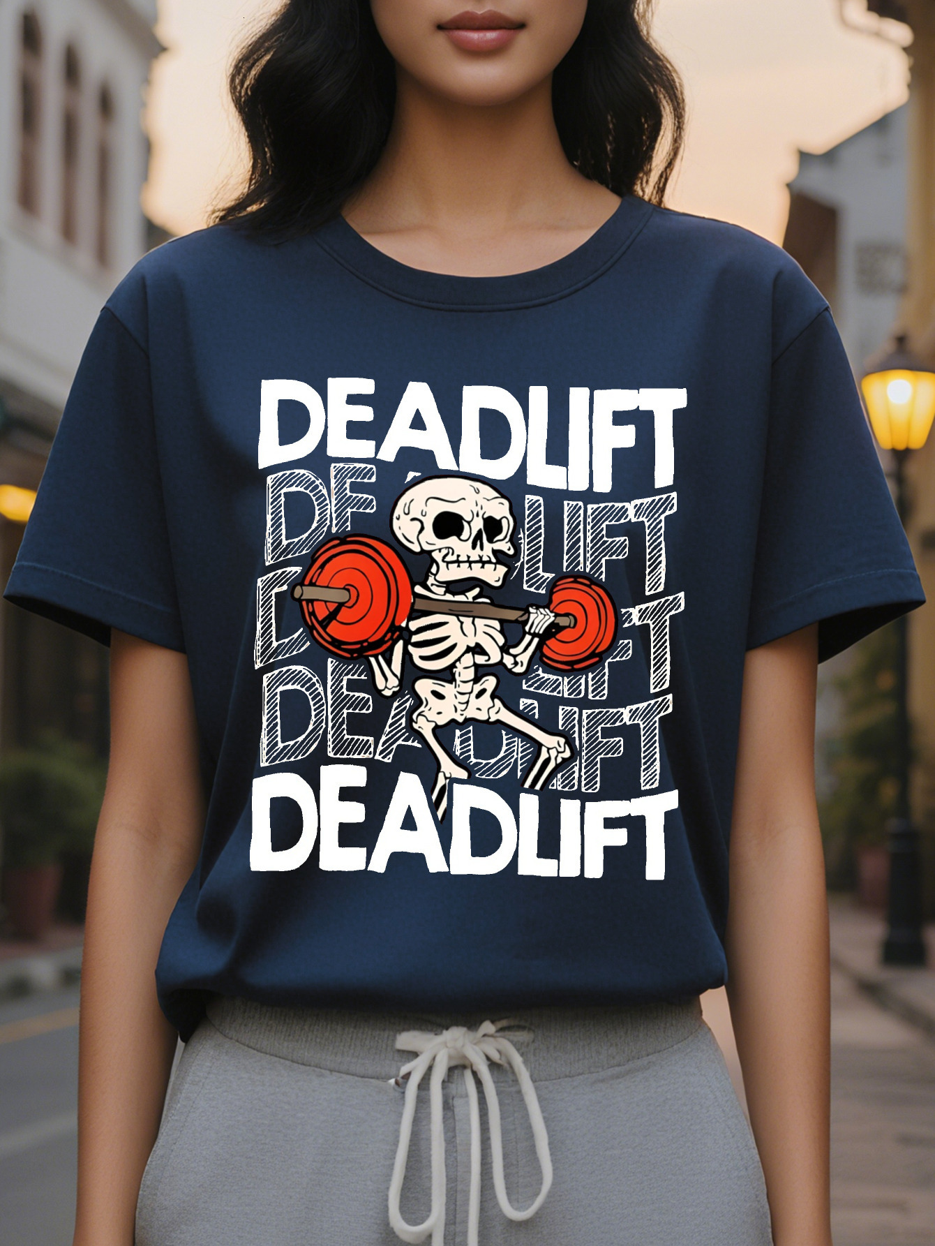 Women s Funny Humor T Shirt Olive Green Deadlift Skeleton Tee Lightweight Round Neck Top for Casual Outfits