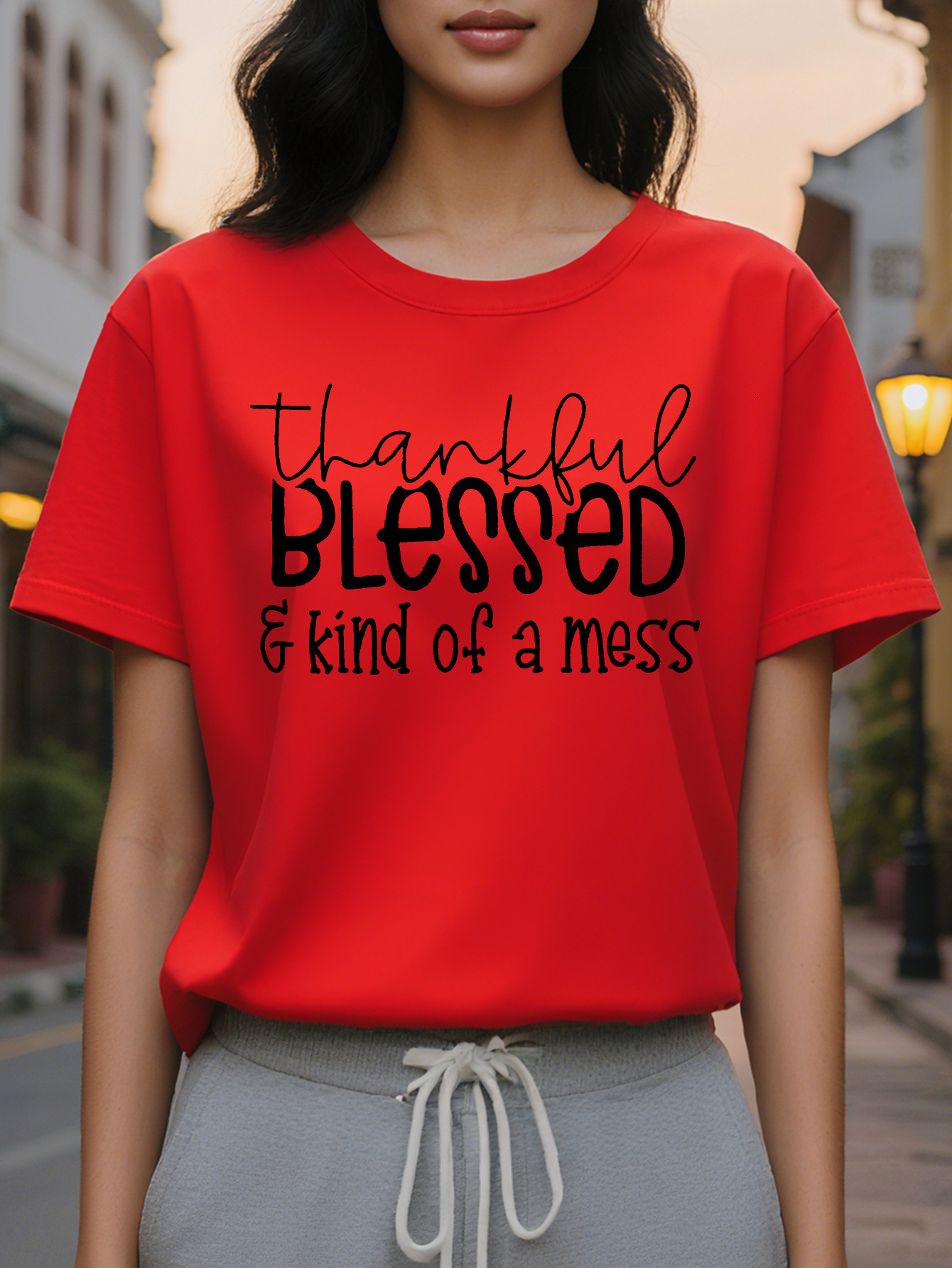 Large XL Blessed Print Crew Neck Casual Short Sleeve T-Shirt for Spring Summer Women's Clothing Plus Size