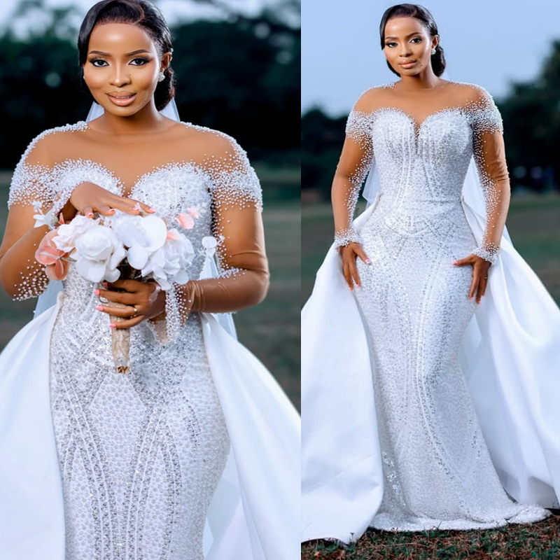 2025 Plus Size Wedding Dress Bridal Gowns For Bride Detachable Train Mermaid Wedding Gowns Sheer Neck Illusion Long Sleeves Pearls Beaded Lace Bridal 