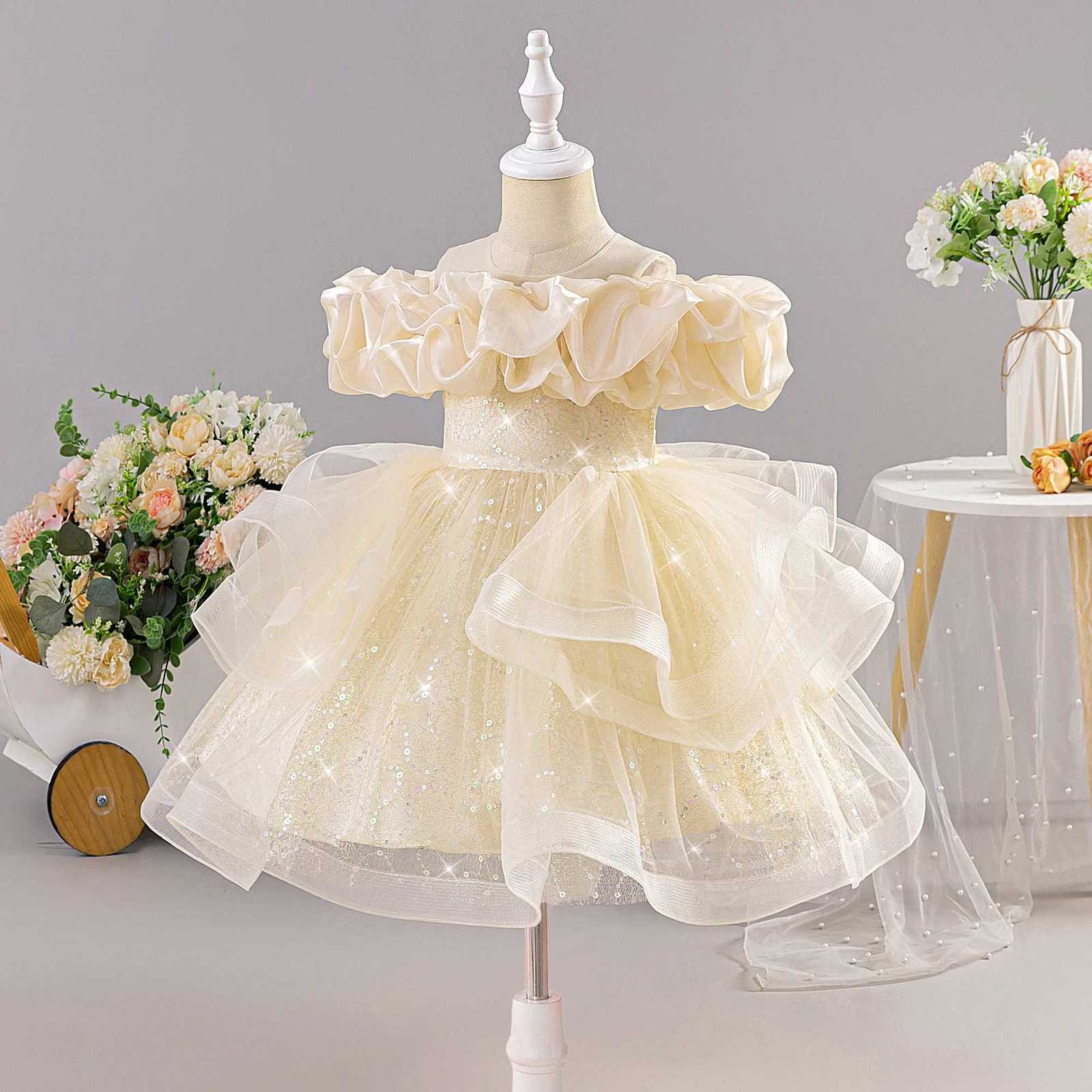 Fluffy Fold Flower Wedding Party Girls Dress Elegant Bridesmaid Birthday Princess Floral Dresses for Girls Bow Evening Prom Gown Z250904