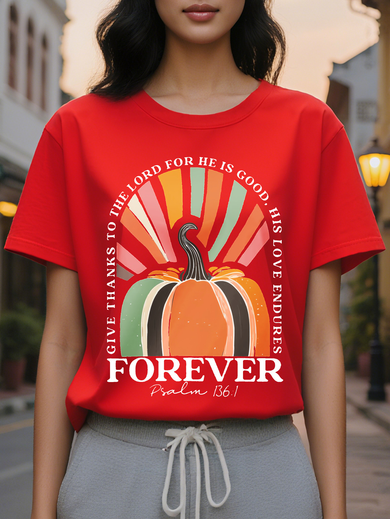 Large XL Women's Halloween Pumpkin Bible Verse to Back Print T-Shirt Inspirational Forever Lettering Soft Round Neck Plus Size