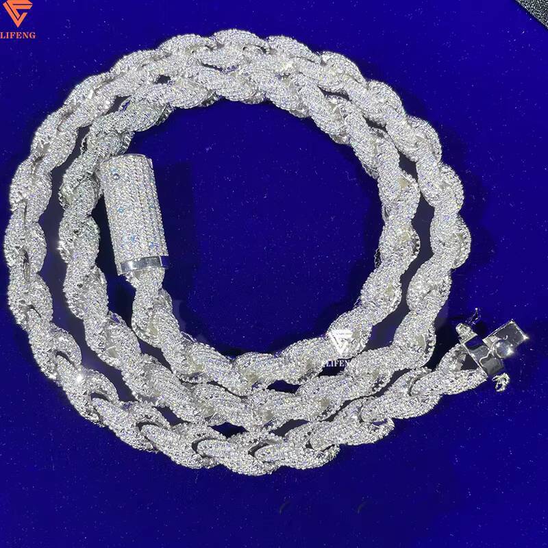 925 Sterling Silver 8mm Moissanite Rope Chain Luxury White Gold Hiphop Singer Pendant Necklace Luxury White Gold Hiphop Necklace