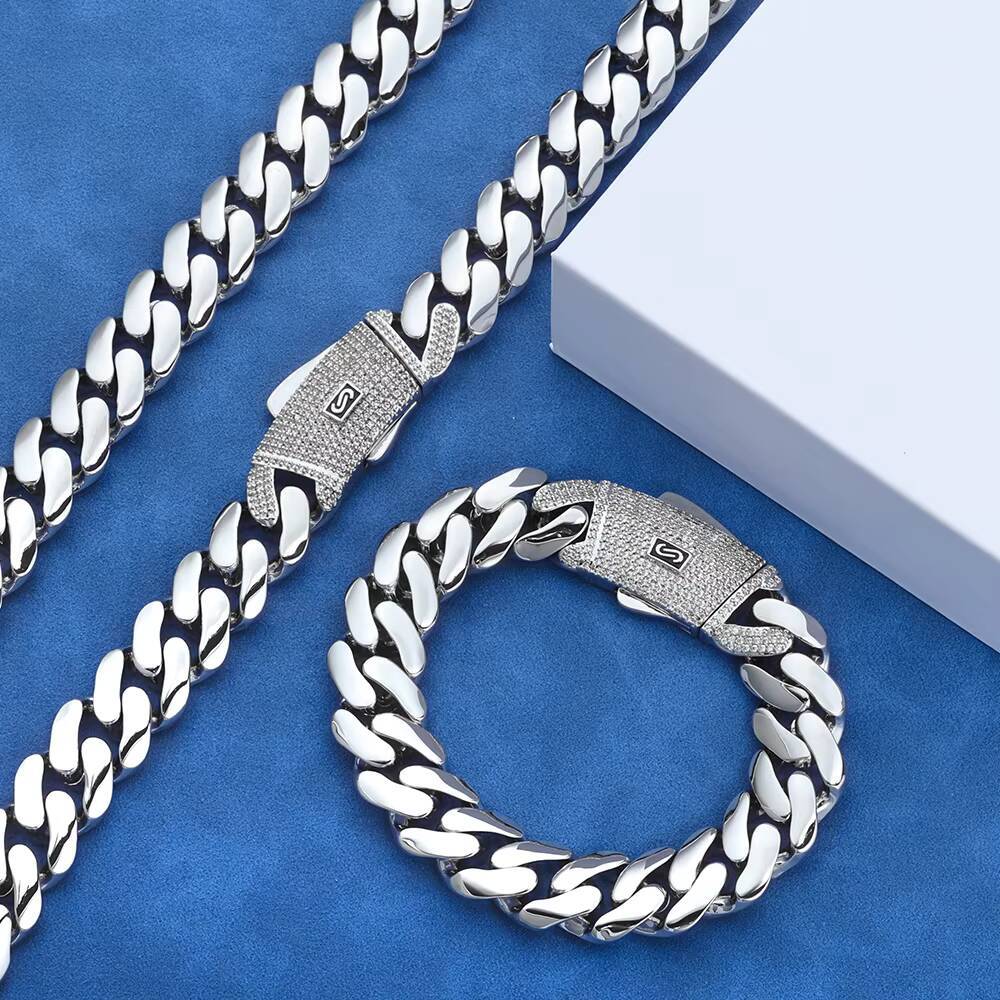 Eskeem 624mm Monaco Cuban Link Chain 14K Gold Plated 925 Silver Iced Out VVS Moissanite Clasp Smooth Necklace Hip Hop Jewelry