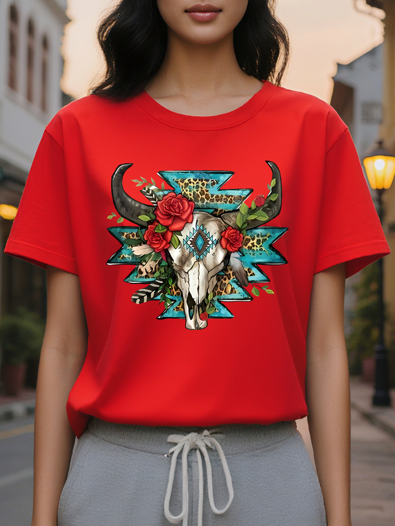 Women s Western Style Short Sleeve T Shirt Black Round Neck Casual Top Skull Rose and Feather Design, washable