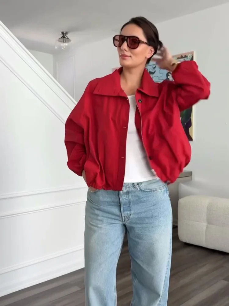 Chic Red Long Sleeve Women Bomber Jacket Autumn Turn Down Collar Zipper Coat Y2K Lady Single Breasted Outerwear Street 250903