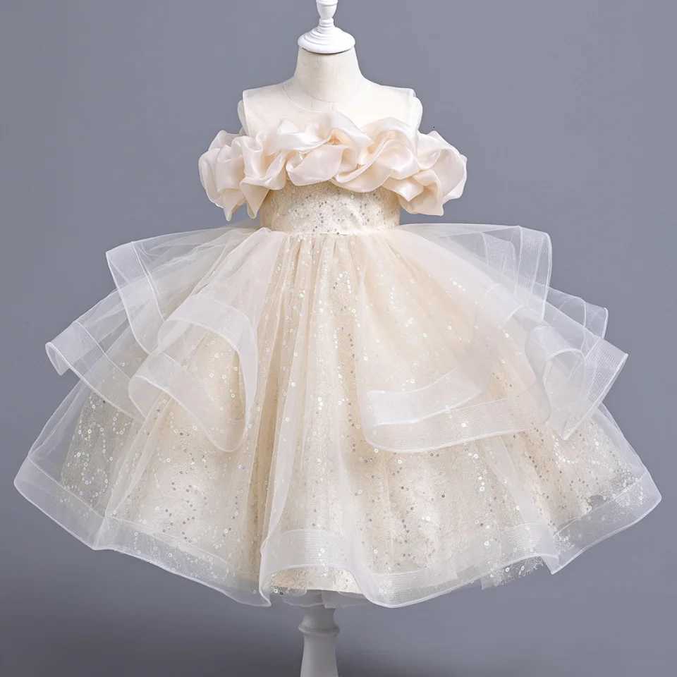 New Girls Wedding Evening Dress Petal Sequin Mesh Sleeveless Dress Birthday Party School Graduation Party Dress Z250904