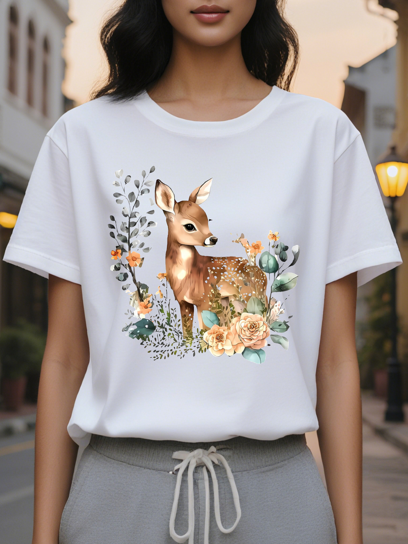 Women S Crew Neck T-Shirt and Print Short Sleeve SpringSummer Collection Cotton White with Brown Deer Design Casual