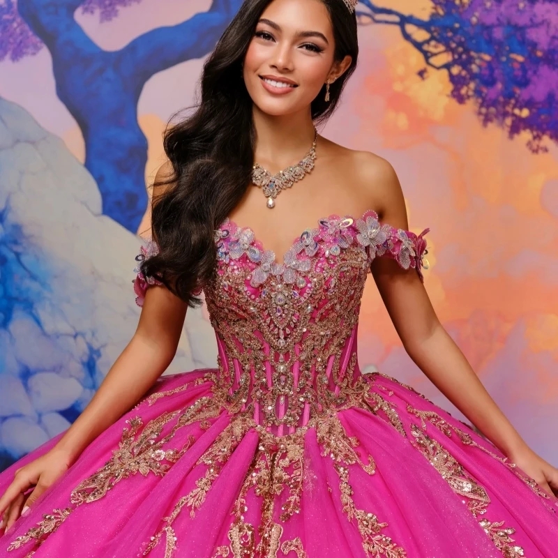 Rose Red Shiny Quinceanera Dresses Ball Gown Off The Shoulder Gold Applique Beading Crystal Bow Tull Sweet 16 Dress Vestidos 15 Anos