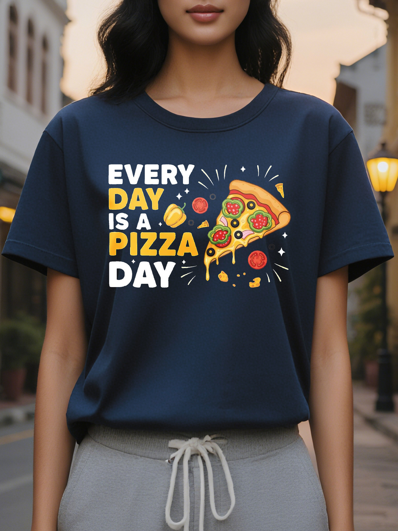 Women's Black Lover Pattern Funny is Day Sayings Soft Everyday Casual T-Shirt Pizza Parties and