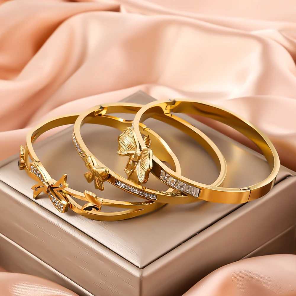 ZHIRUI Stainless Steel Gold Color Metal Cuff Bracelet Wens Luxury Shining Zircon Bracelet Daily Wrist Jewelry Y250904