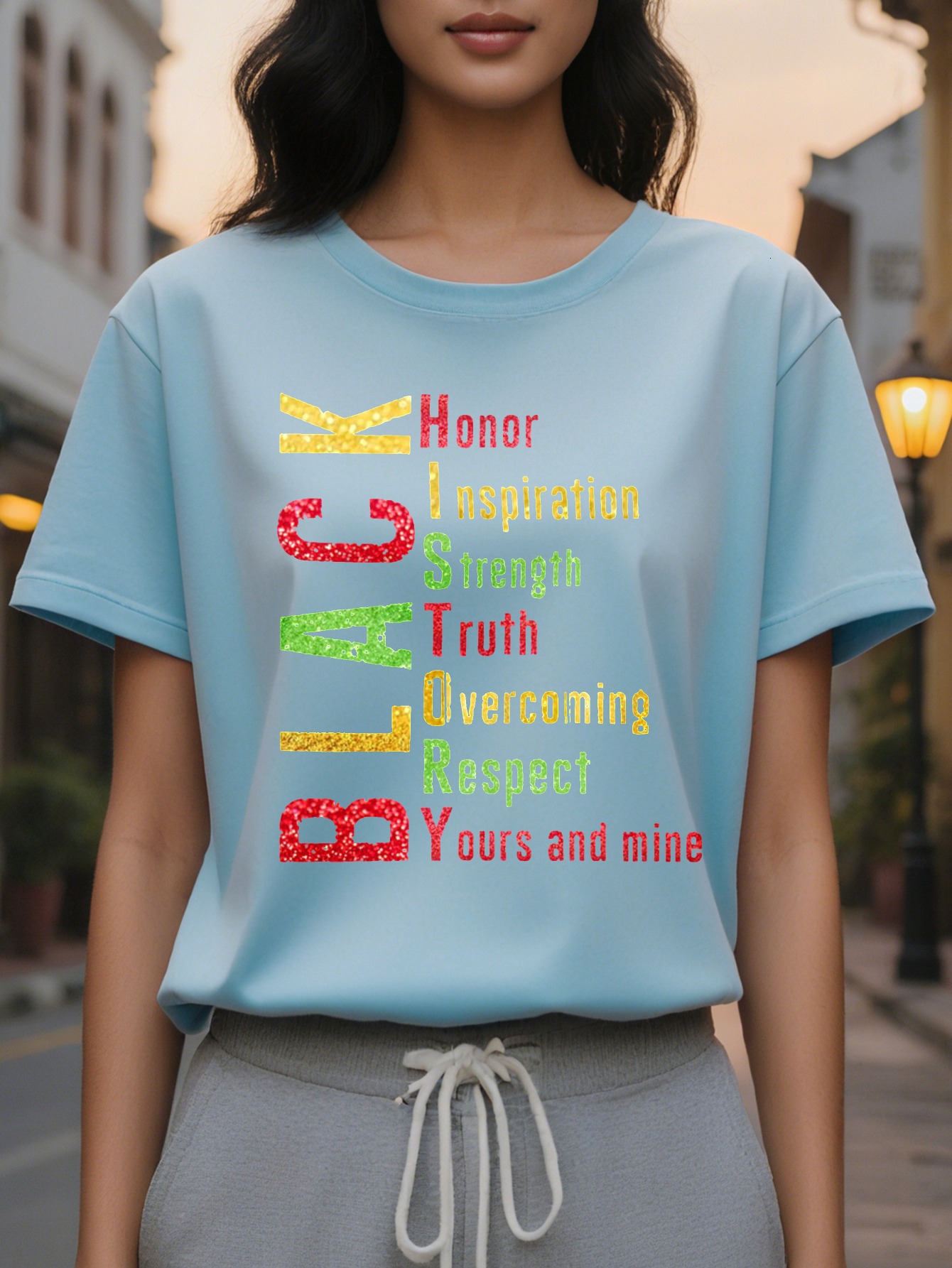 Women's Black History Inspirational Quotes T-shirt Cotton Round Neck Casual Top with Bright Color Block
