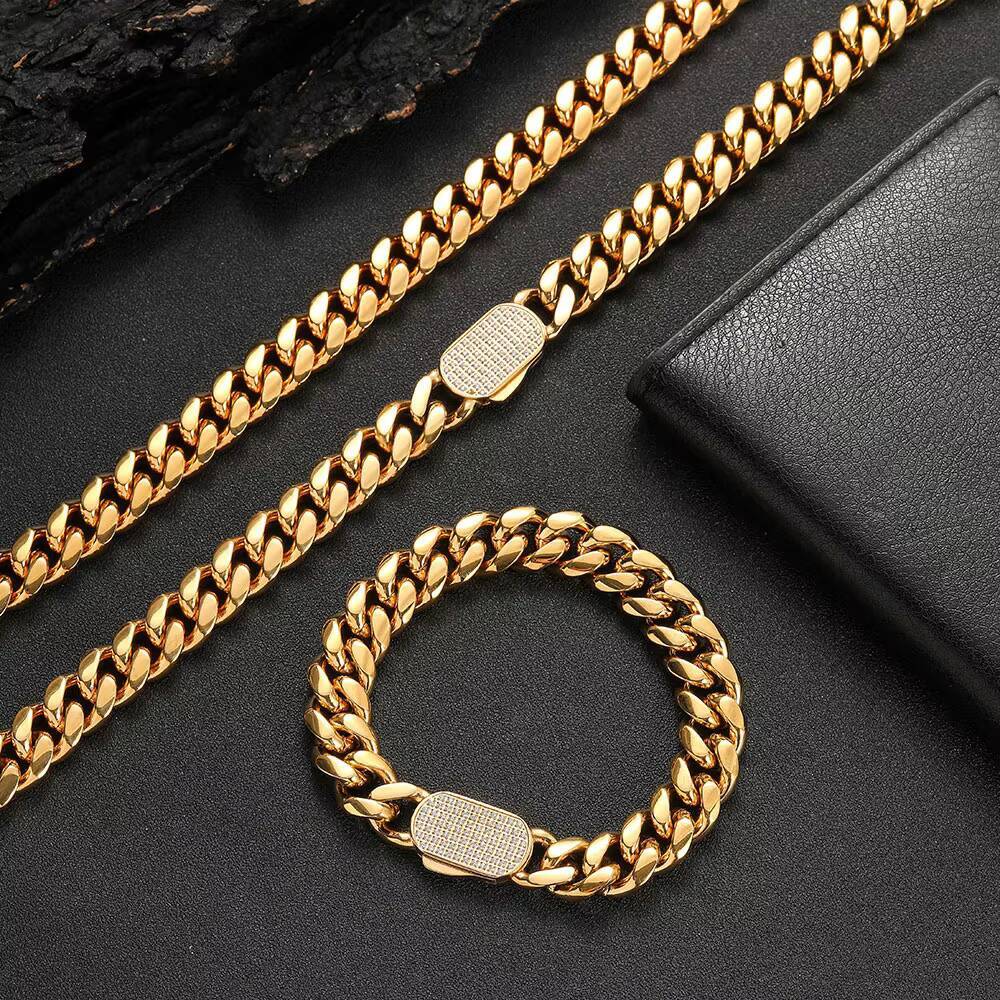 NUOYA Hip Hop Cuban Necklace for Men 18k Gold Plated Stainless Steel Chain Custom Length CNC Inlaid Diamond Clasp Miami Cuban