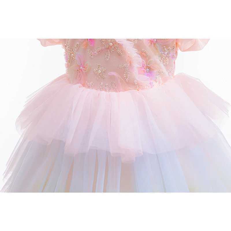 Girls Summer Princess Dress Bubble Sleeve Rainbow Cake Saree Kids Casual Halloween Party Dress Size 100-150 Z250904