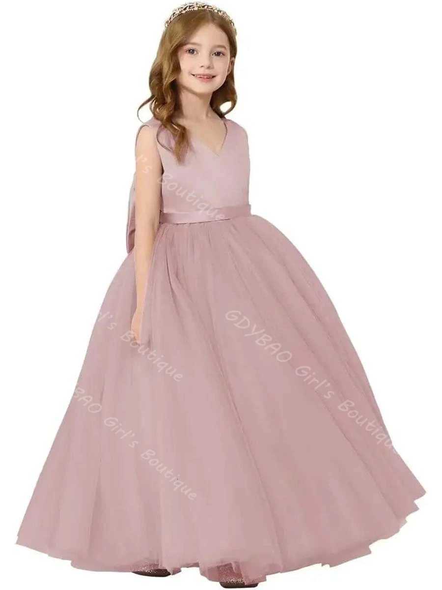 Ankle Length Flower Girl Dress for Wedding Toddlers Double V Neck Communion Dress With Bow 2-14 Kids Custom Birthday Ball Gown Z250904