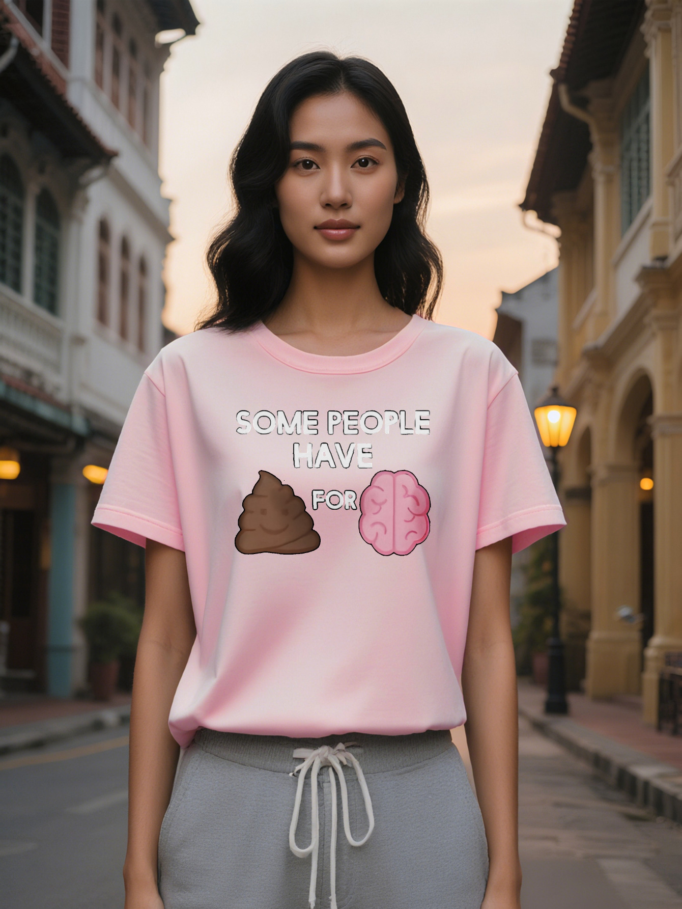 Large XL Lady Humorous Graphic T-Shirt Some People Have Poop Brain Design Black Casual Round Neck Summer Tee Washable Plus Size