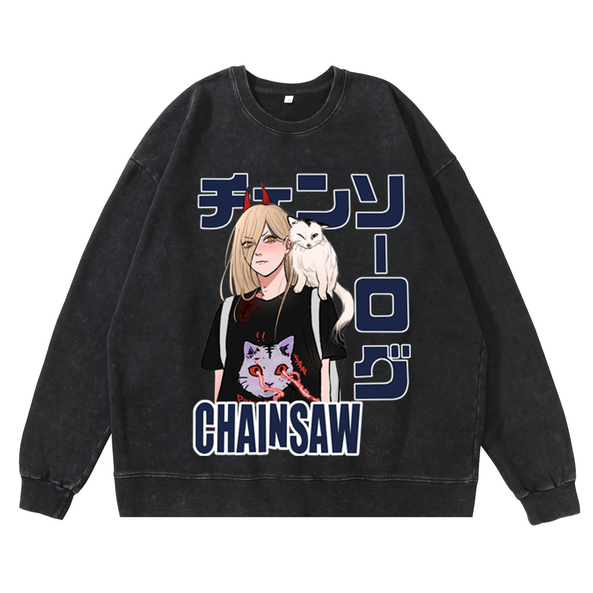 360g Heavyweight Washed Vintage Chainsaw Man Anime American Street Retro Cotton Hoodie Streetwear Crewneck Hoodie - TT8251